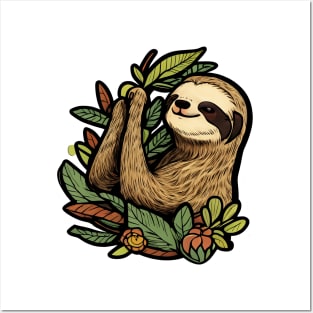 Cartoon image of a cute sloth on a tree Posters and Art